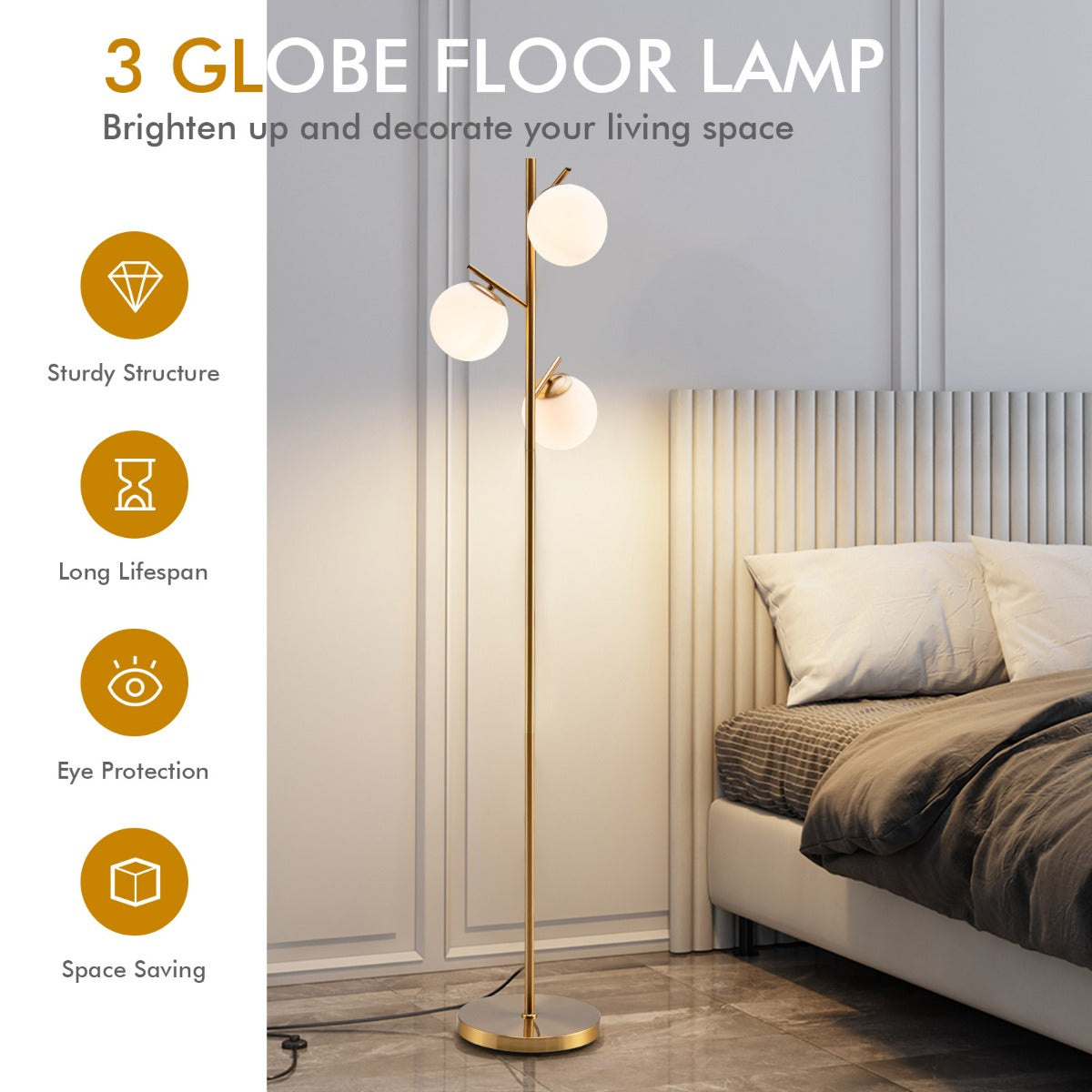 LIVSK Glazen Vloerlamp met 3 Kappen - Voetschakelaar - Robuust Metalen Frame - Warm Licht - 28 x 28 x 169 cm - Goud