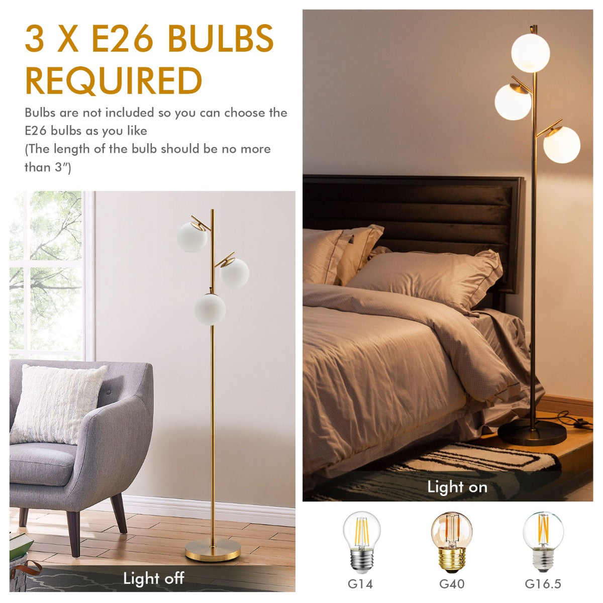 LIVSK Glazen Vloerlamp met 3 Kappen - Voetschakelaar - Robuust Metalen Frame - Warm Licht - 28 x 28 x 169 cm - Goud