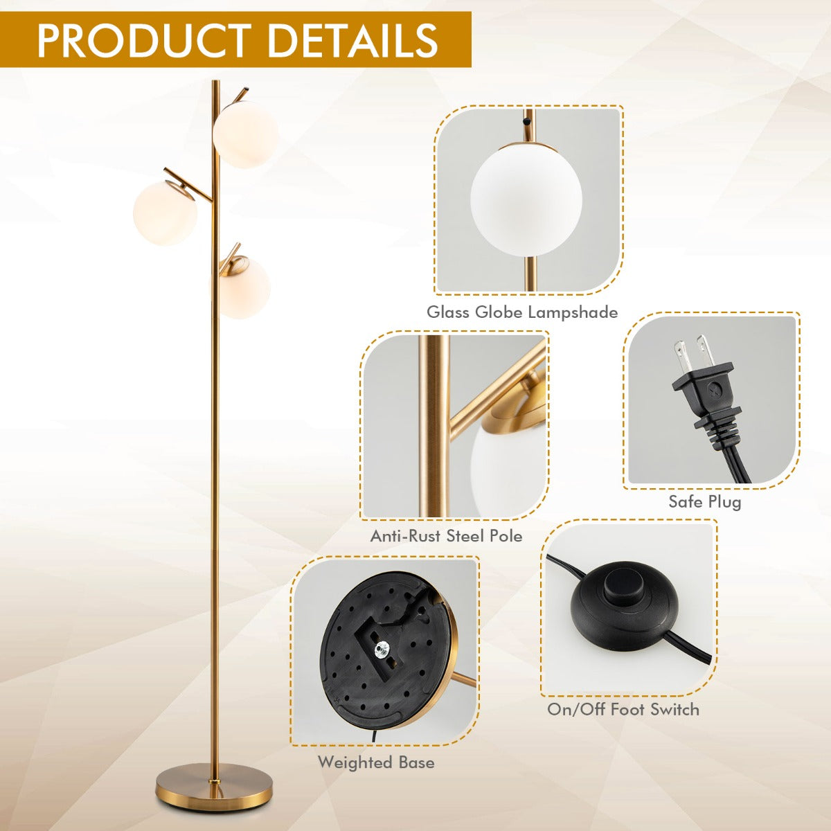 LIVSK Glazen Vloerlamp met 3 Kappen - Voetschakelaar - Robuust Metalen Frame - Warm Licht - 28 x 28 x 169 cm - Goud