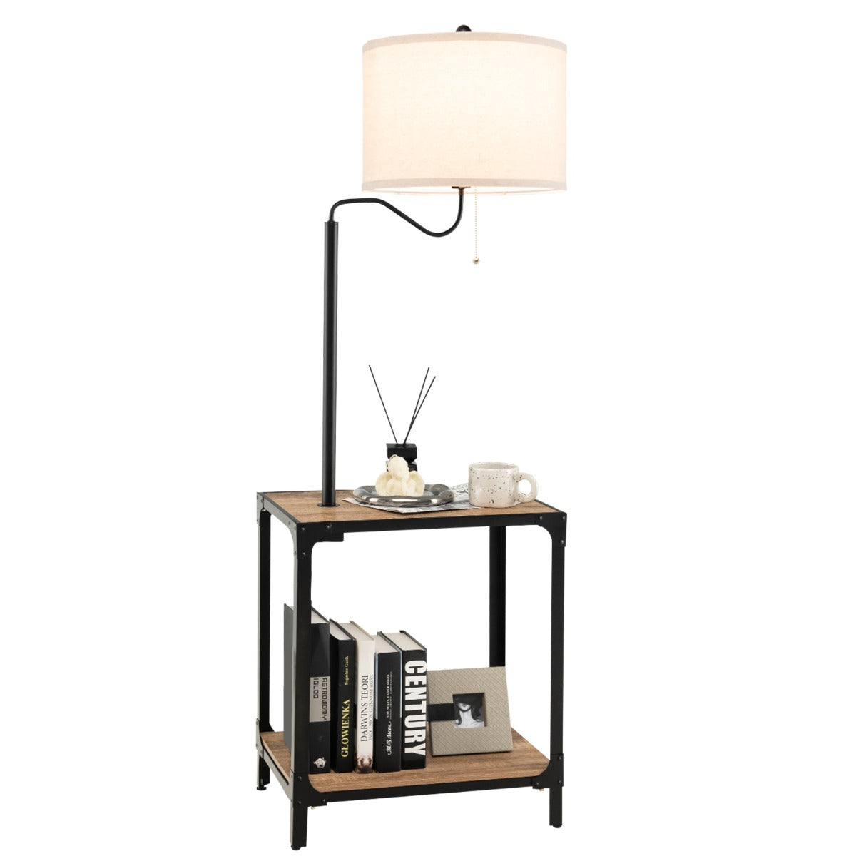 LIVSK Vloerlamp met Bijzettafel en USB - 2 Planken - 360° Draaibaar - Stalen Frame - 49 x 34 x 144 cm - Zwart