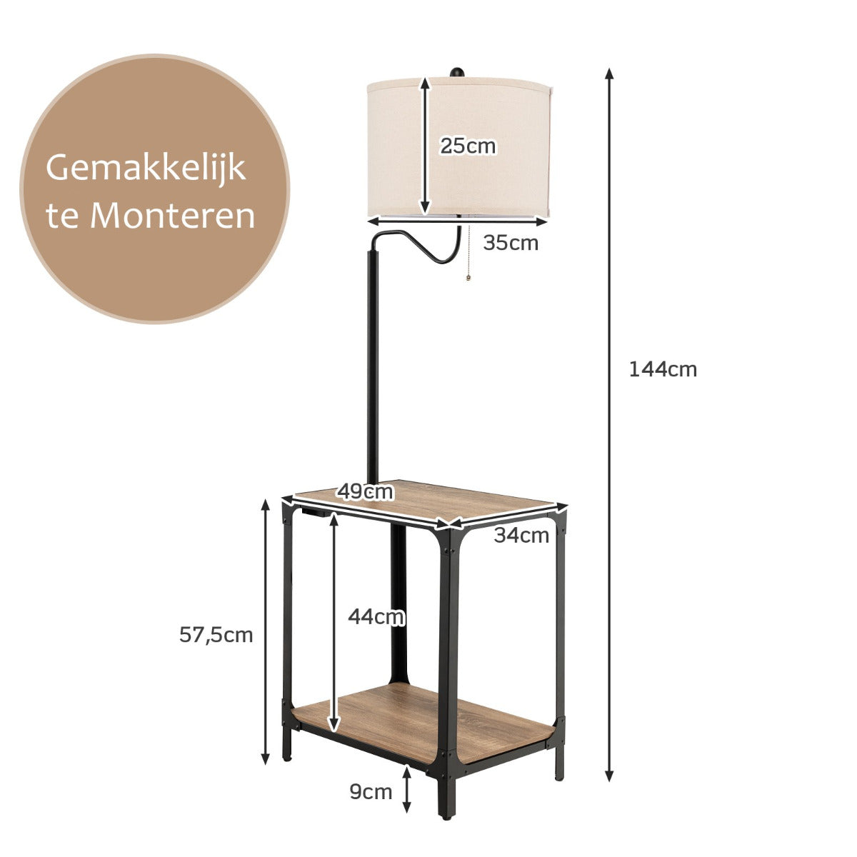 LIVSK Vloerlamp met Bijzettafel en USB - 2 Planken - 360° Draaibaar - Stalen Frame - 49 x 34 x 144 cm - Zwart