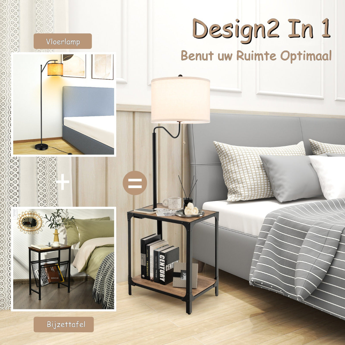 LIVSK Vloerlamp met Bijzettafel en USB - 2 Planken - 360° Draaibaar - Stalen Frame - 49 x 34 x 144 cm - Zwart