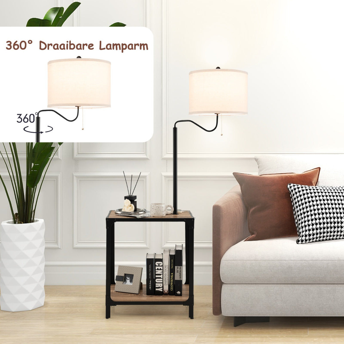 LIVSK Vloerlamp met Bijzettafel en USB - 2 Planken - 360° Draaibaar - Stalen Frame - 49 x 34 x 144 cm - Zwart