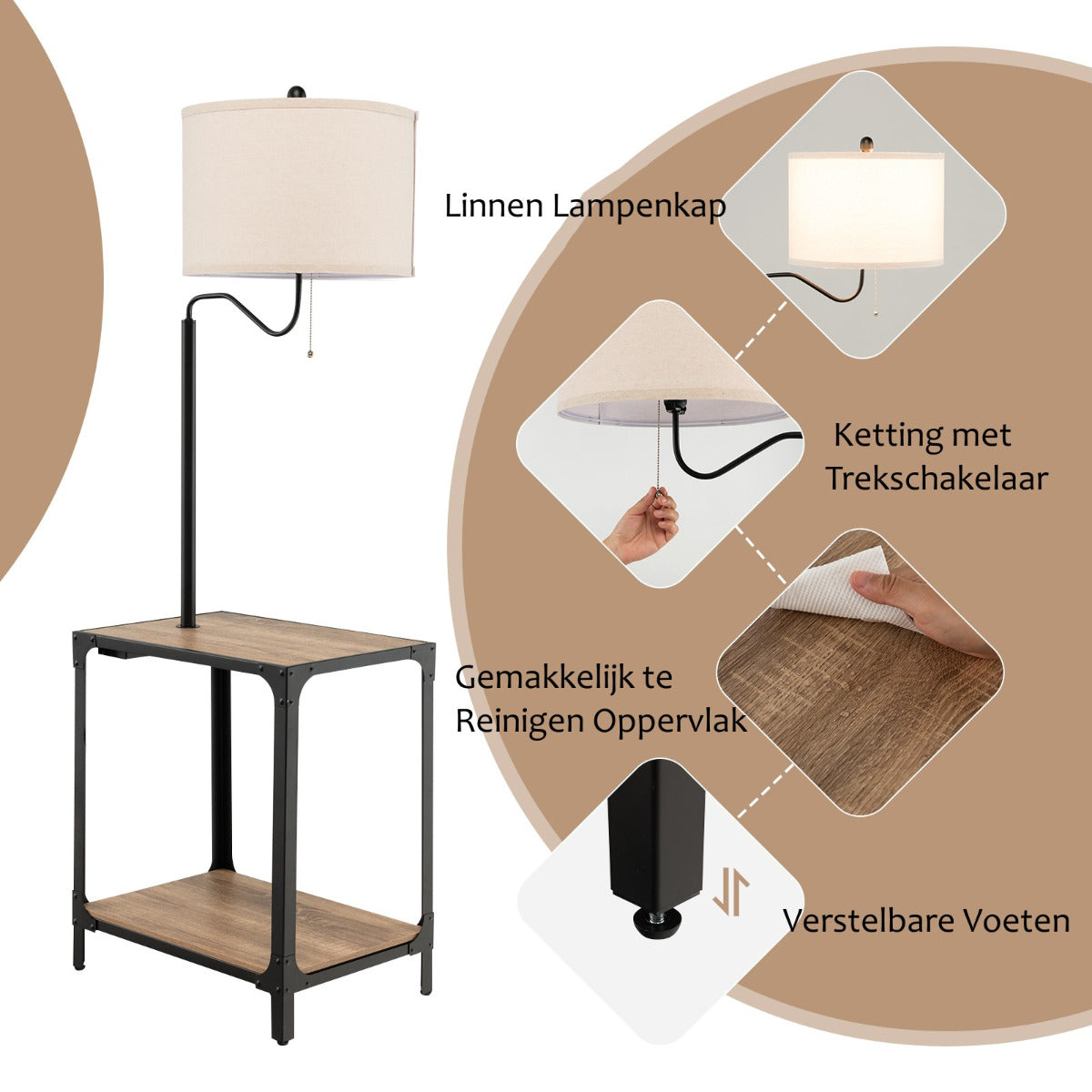 LIVSK Vloerlamp met Bijzettafel en USB - 2 Planken - 360° Draaibaar - Stalen Frame - 49 x 34 x 144 cm - Zwart