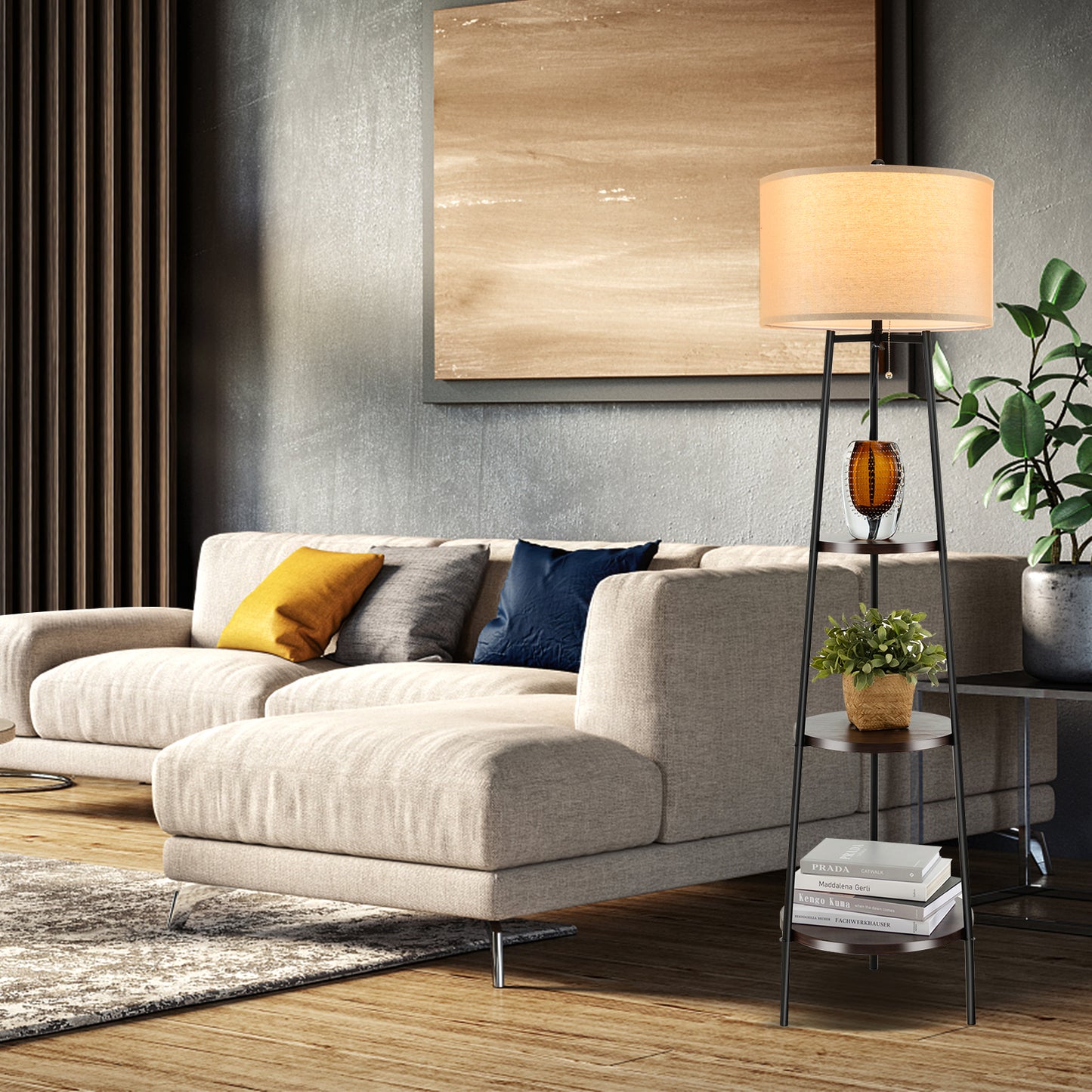 LIVSK Vloerlamp met Opbergruimte - Moderne Stijl met 3 Planken - Duurzame Linnen Lampenkap - E27-fitting - Zwart