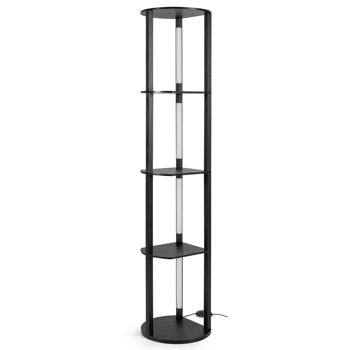 LIVSK Vloerlamp met Draaibare LED-Strips - 4 Opbergplanken - Voetenschakelaar - 3 Helderheidsniveaus - 35 x 30 x 163 cm - Zwart