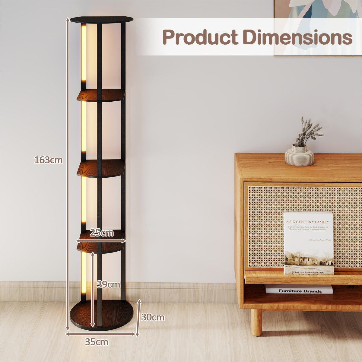 LIVSK Vloerlamp met Draaibare LED-Strips - 4 Opbergplanken - Voetenschakelaar - 3 Helderheidsniveaus - 35 x 30 x 163 cm - Zwart
