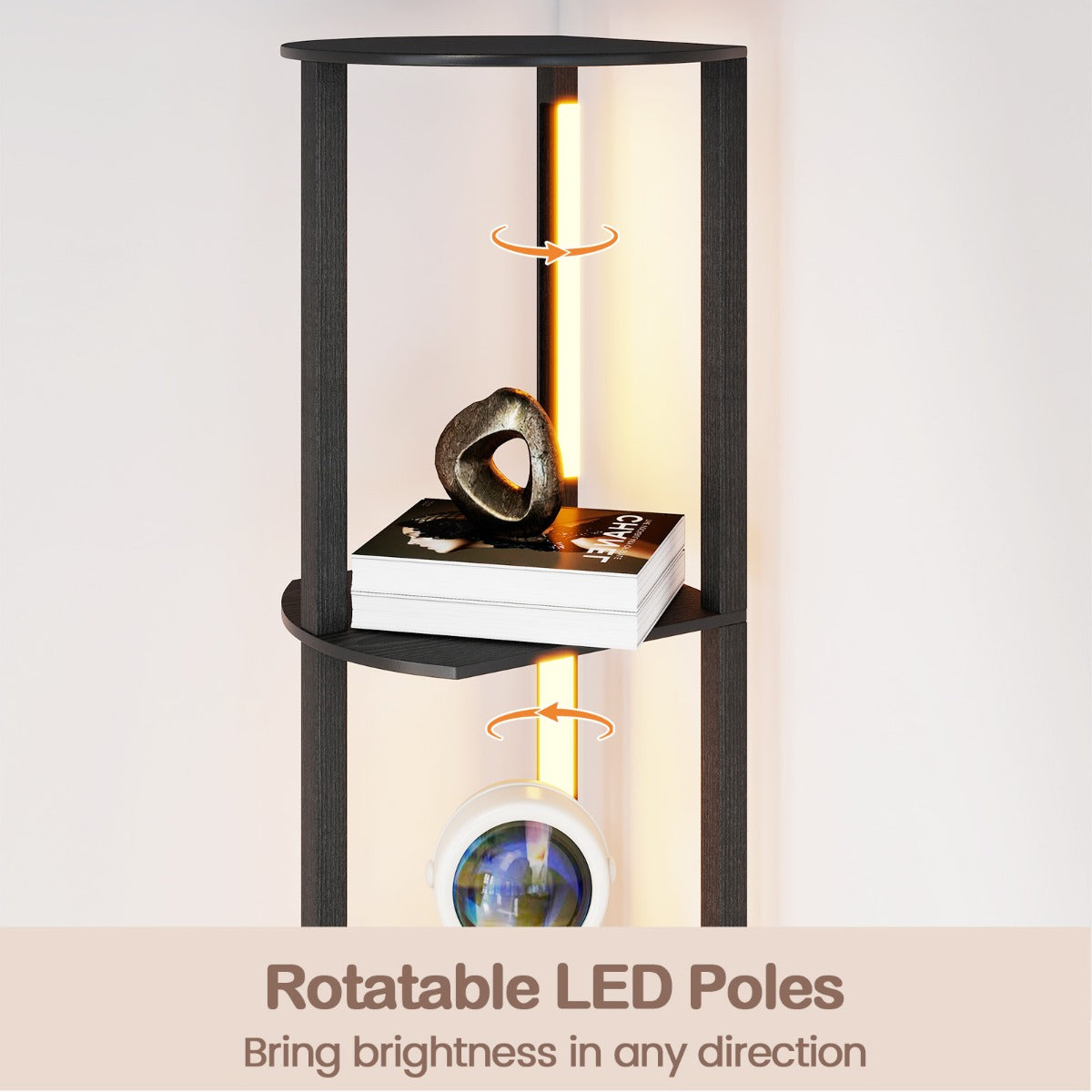 LIVSK Vloerlamp met Draaibare LED-Strips - 4 Opbergplanken - Voetenschakelaar - 3 Helderheidsniveaus - 35 x 30 x 163 cm - Zwart