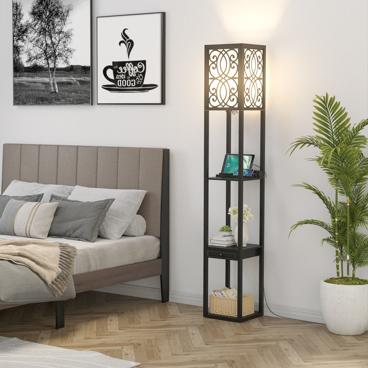 LIVSK Plank Vloerlamp met Stopcontact en USB-poorten - 3 Open Planken en Lade - Modern Design - 26 x 26 x 160,5 cm - Zwart