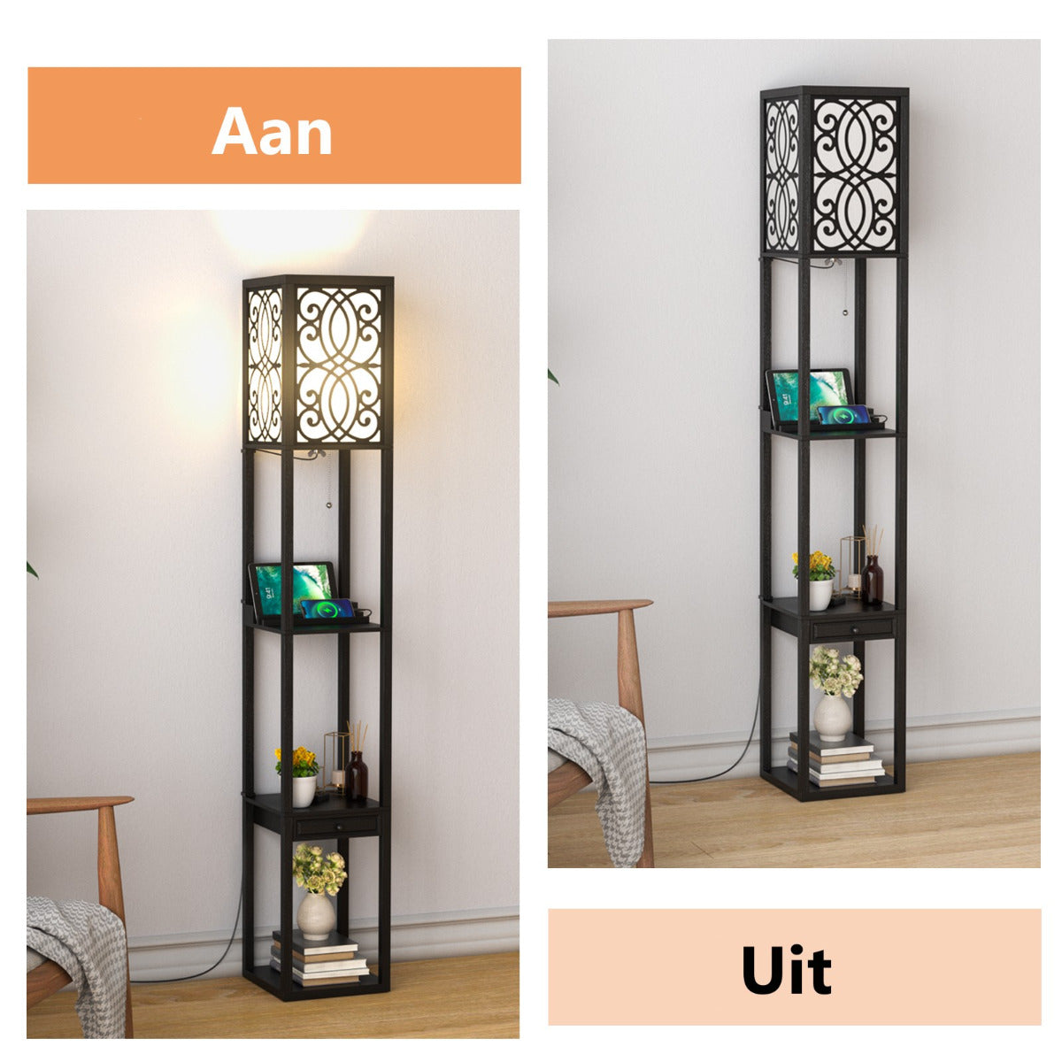 LIVSK Plank Vloerlamp met Stopcontact en USB-poorten - 3 Open Planken en Lade - Modern Design - 26 x 26 x 160,5 cm - Zwart