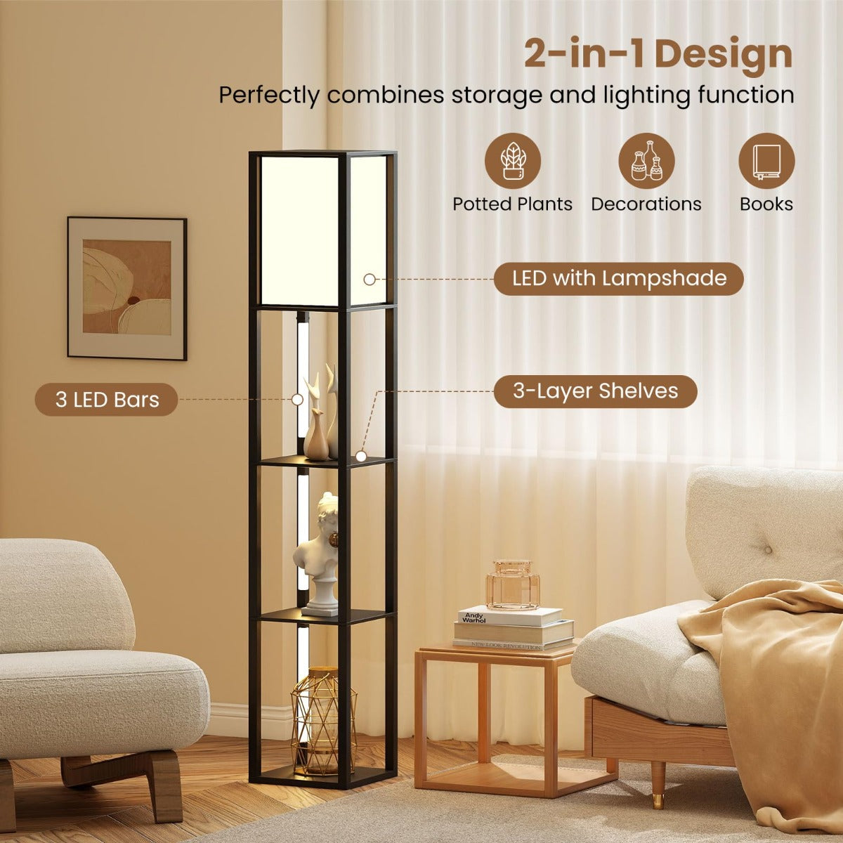LIVSK Planklamp met 3 Planken - Draaibare LED-strips - Instelbare Helderheid - Elegant Design - Zwart