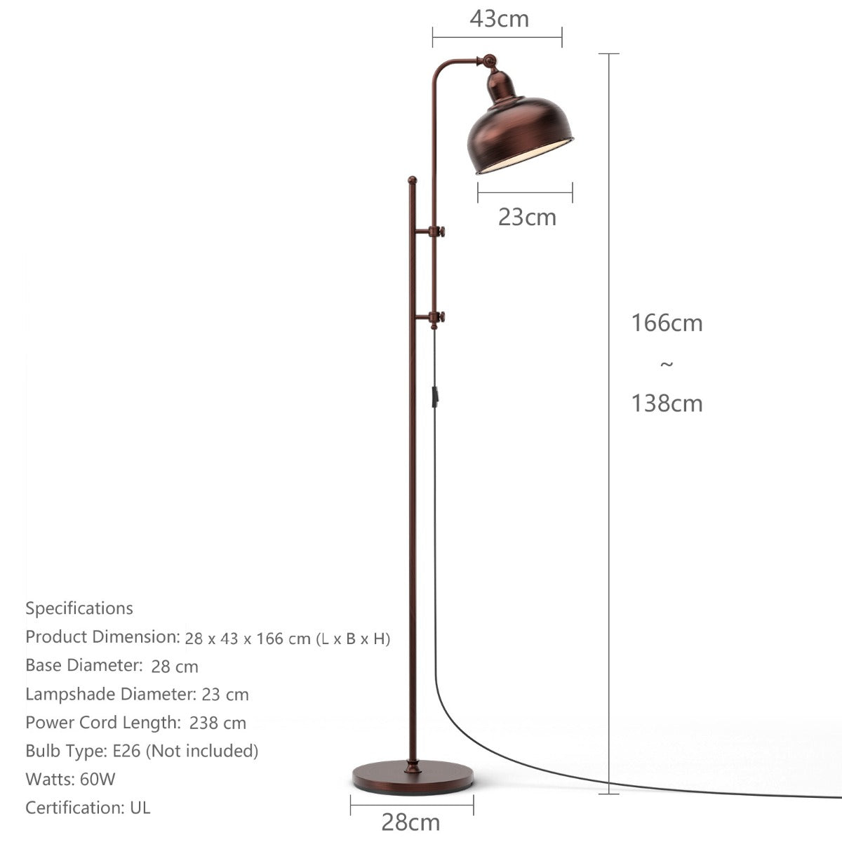LIVSK Vloerlamp - Verstelbare Hoogte en Draaibare Lampenkap - Massief IJzeren Frame - E27 - Warm Licht - Brons