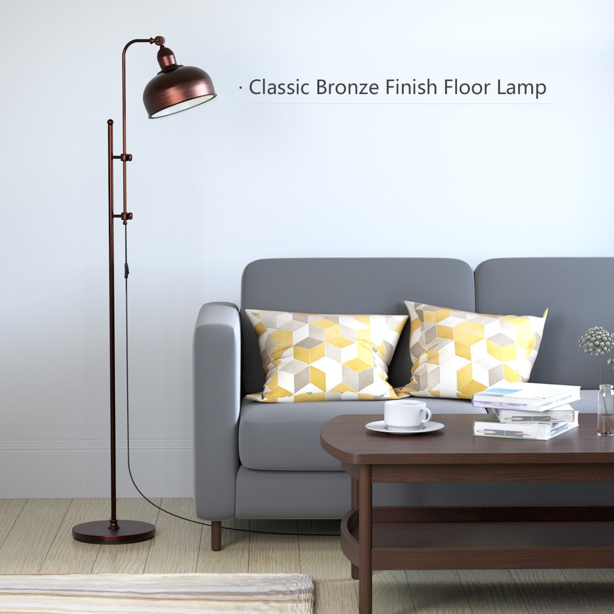 LIVSK Vloerlamp - Verstelbare Hoogte en Draaibare Lampenkap - Massief IJzeren Frame - E27 - Warm Licht - Brons