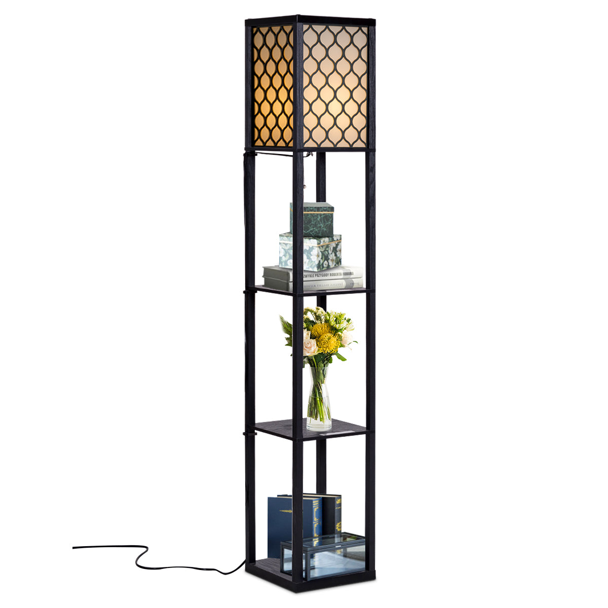 LIVSK Vloerlamp met Planken - Houten Frame - Warm Licht - Eenvoudig te Monteren - Zwart - Gebroken Wit