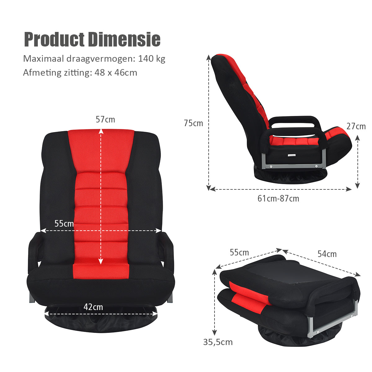 LIVSK Vloer Gaming Stoel - 6-Positie Verstelbaar - 360° Draaibaar - Ergonomisch - Opvouwbaar - Tot 140 kg - Zoals afgebeeld