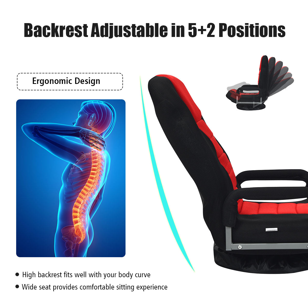 LIVSK Vloer Gaming Stoel - 6-Positie Verstelbaar - 360° Draaibaar - Ergonomisch - Opvouwbaar - Tot 140 kg - Zoals afgebeeld