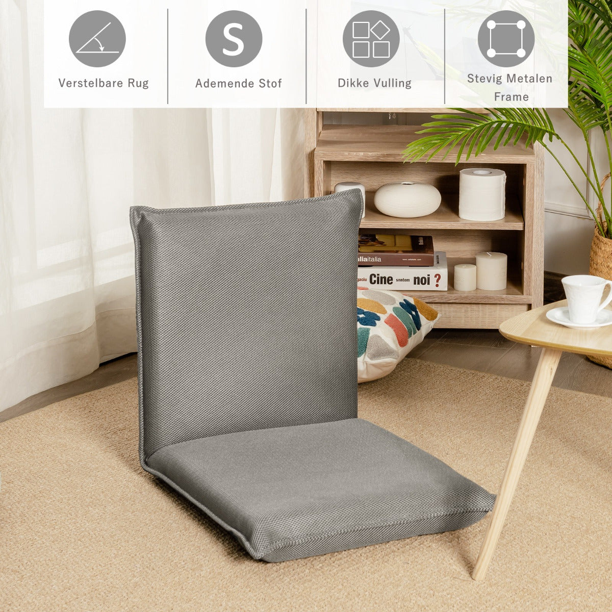 LIVSK Verstelbare Vloerstoel - Lichtgewicht met 6-Traps Rugleuning - Sterk Metalen Frame - Comfortabele Bekleding - Grijs