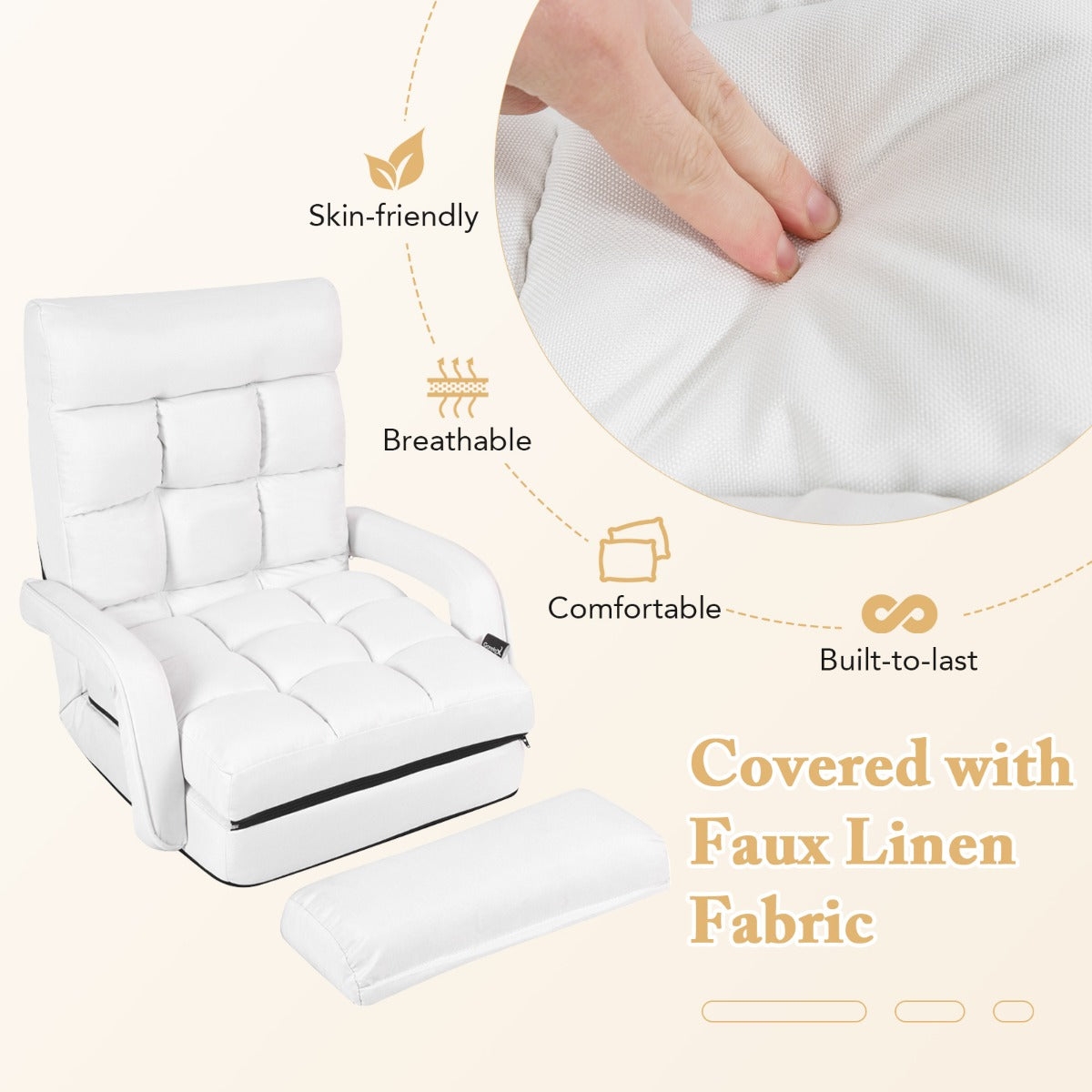 LIVSK Opvouwbare Vloerstoel - Verstelbare Rugleuning in 6 Standen - Ergonomisch en Comfortabel - Inclusief Kussen - Wit