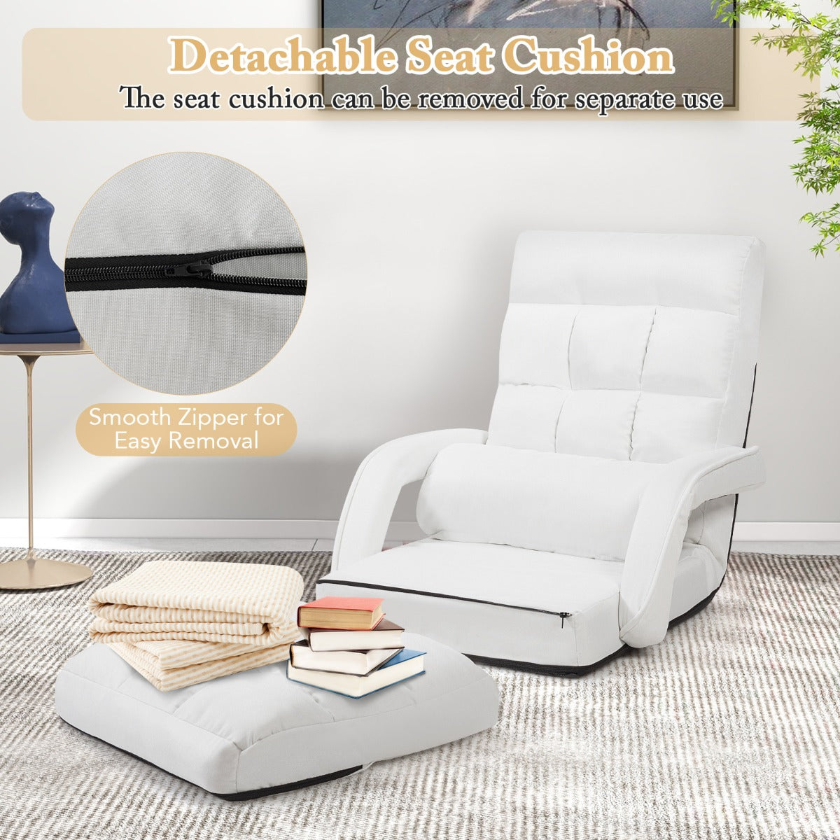 LIVSK Opvouwbare Vloerstoel - Verstelbare Rugleuning in 6 Standen - Ergonomisch en Comfortabel - Inclusief Kussen - Wit