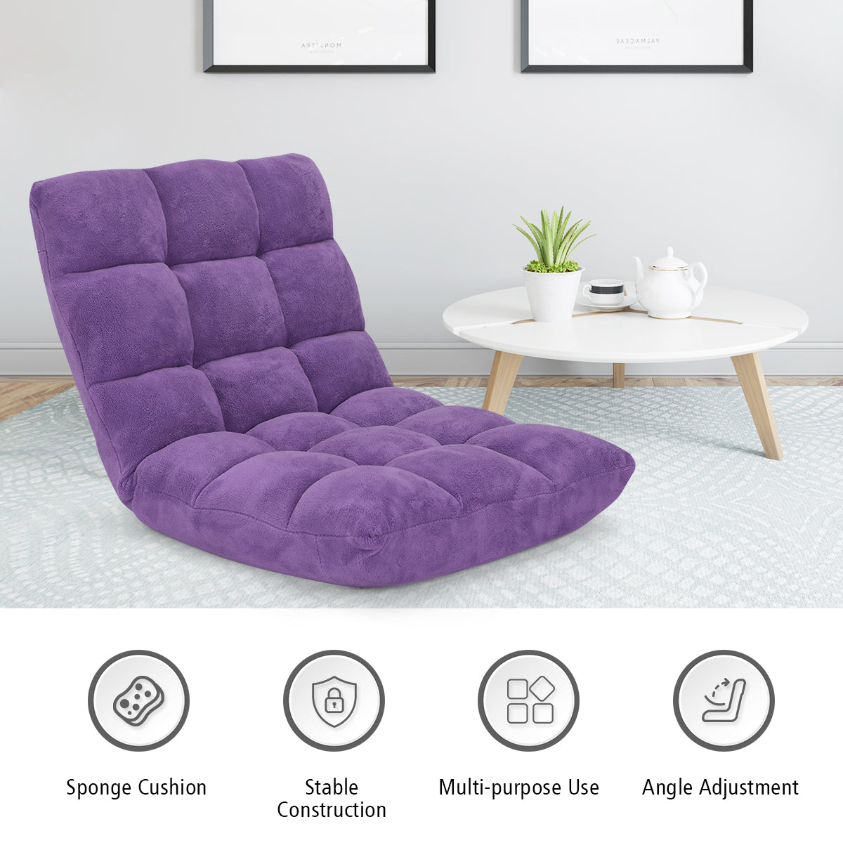 LIVSK Lazy Sofa - 14 Verstelbare Standen - Opvouwbaar en Lichtgewicht - Duurzaam Staal en Spons - Voor Thuis en Kantoor - Paars