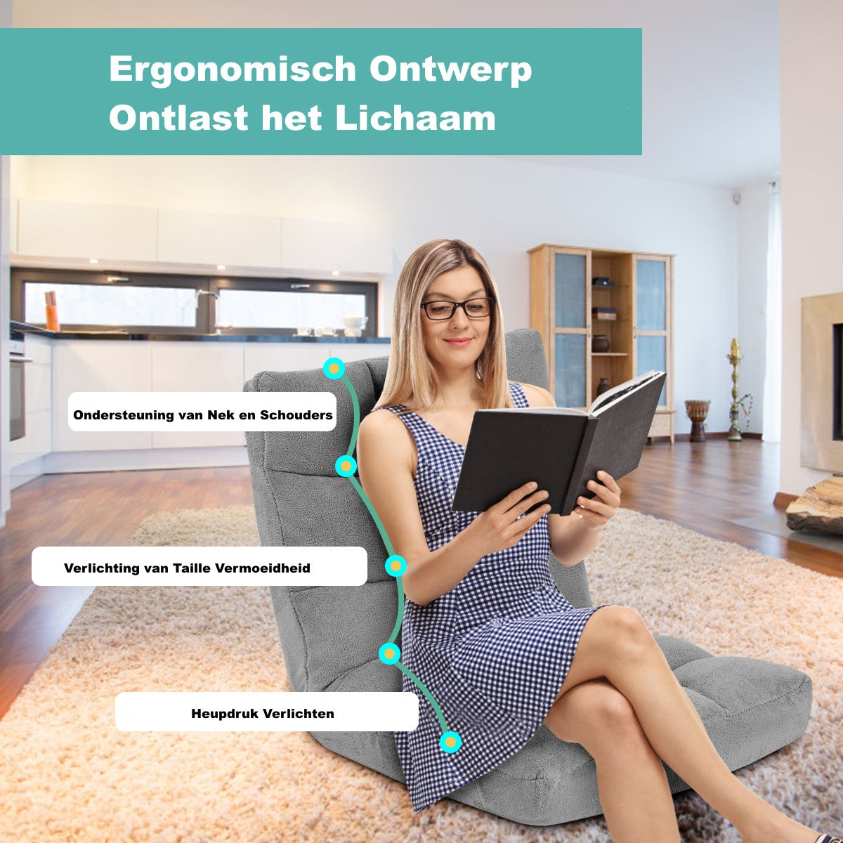 LIVSK Lazy Sofa - Opvouwbaar met 14 Verstelbare Standen - Hoogwaardige Buisstaal en Spons - Voor Thuis en Kantoor - Grijs