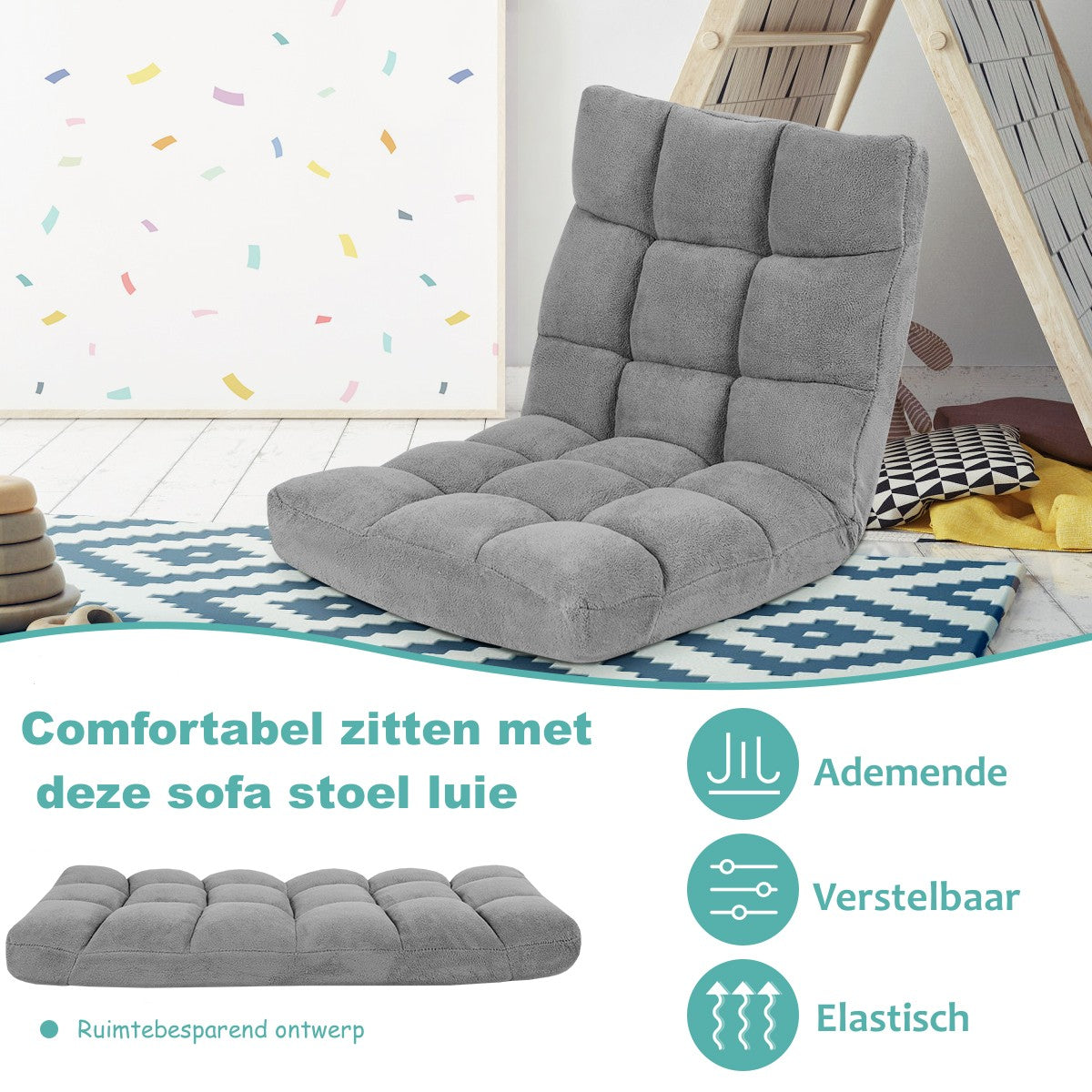 LIVSK Lazy Sofa - Opvouwbaar met 14 Verstelbare Standen - Hoogwaardige Buisstaal en Spons - Voor Thuis en Kantoor - Grijs