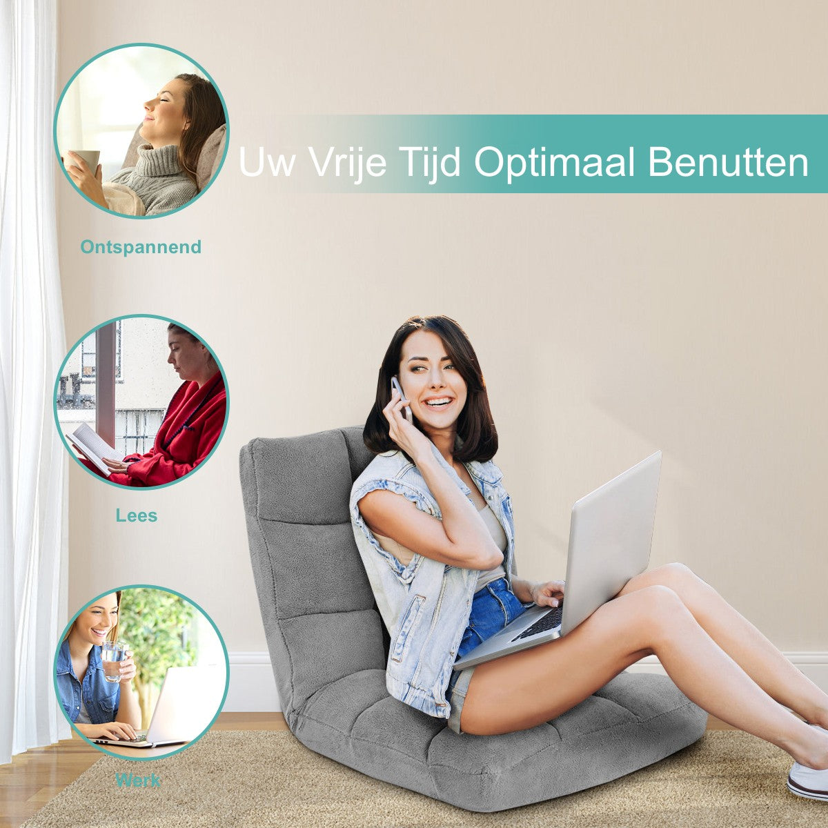 LIVSK Lazy Sofa - Opvouwbaar met 14 Verstelbare Standen - Hoogwaardige Buisstaal en Spons - Voor Thuis en Kantoor - Grijs