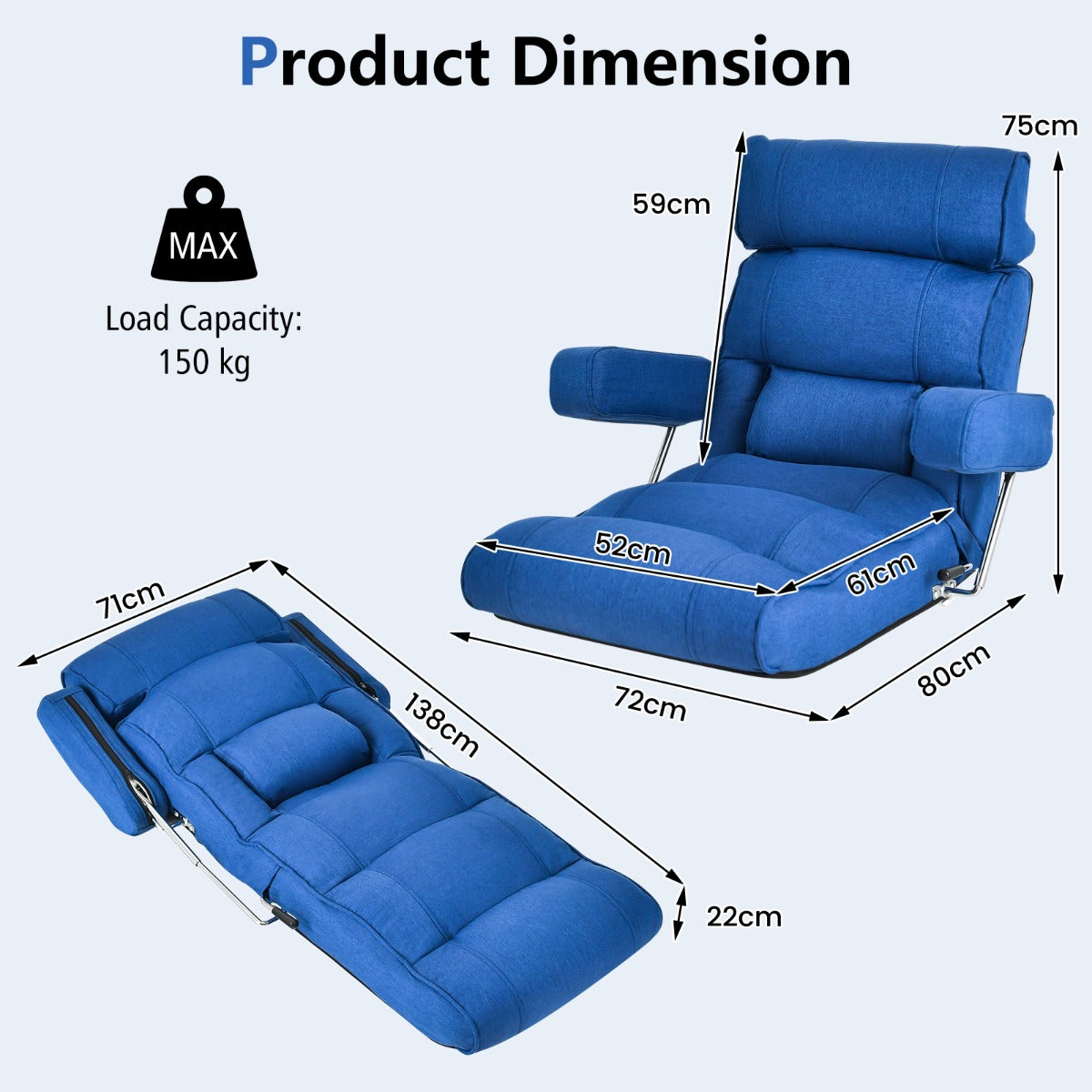 LIVSK Opvouwbare Vloerstoel - Verstelbare Rugleuning en Armleuningen - Comfortabel en Geen Montage Nodig - 80 x 72 x 75 cm -