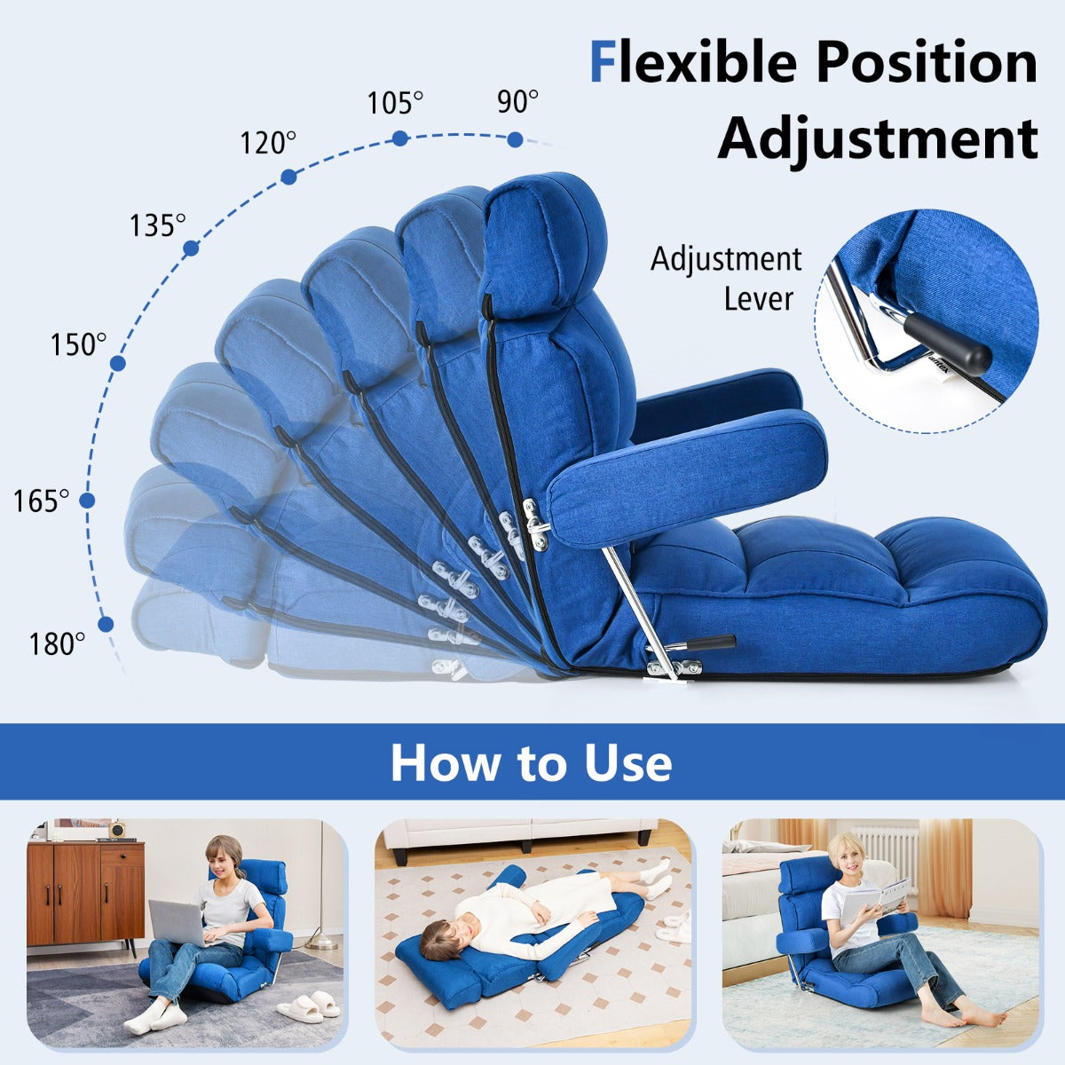 LIVSK Opvouwbare Vloerstoel - Verstelbare Rugleuning en Armleuningen - Comfortabel en Geen Montage Nodig - 80 x 72 x 75 cm -