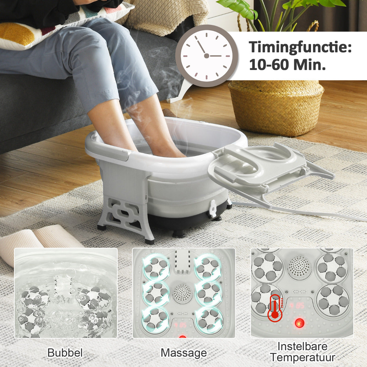 LIVSK Opvouwbaar Voetbadmassager - Regelbare Verwarming 36℃-48℃ - Bubbelmassage - Draadloze Afstandsbediening - Grijs