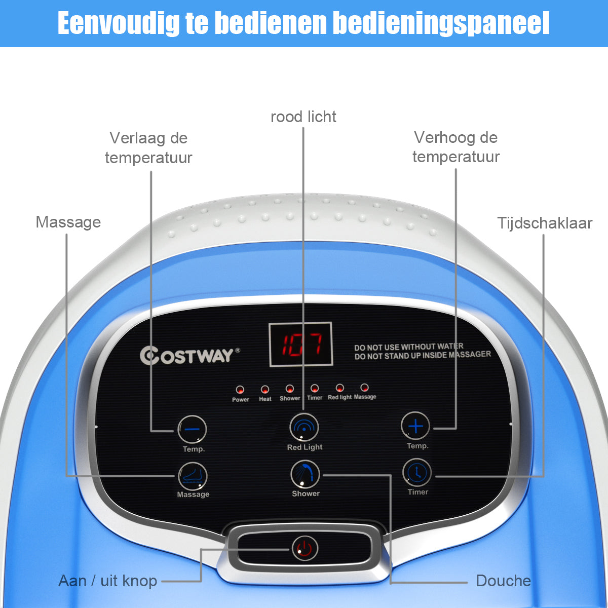 LIVSK Voetbad Massager met 6 Gemotoriseerde Rollen - Douchefunctie - Rood Licht - Temperatuurregeling - 15 L - Blauw