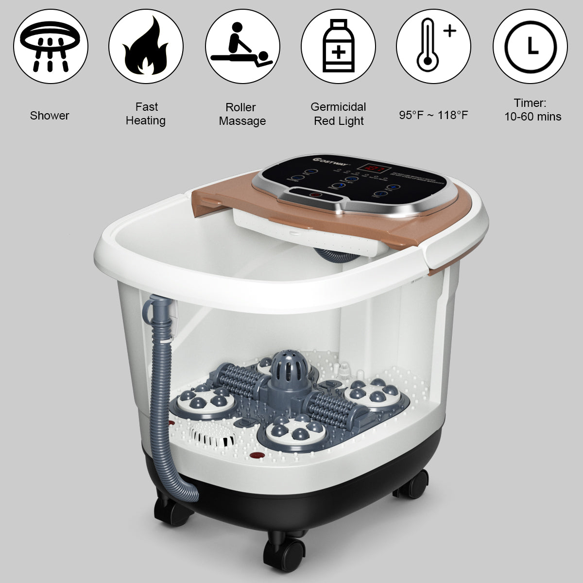 LIVSK Voetbad Massager - 6 Gemotoriseerde Massage Rollen - Douche Functie - Temperatuurregeling - Afneembaar Oppervlak - Koffie
