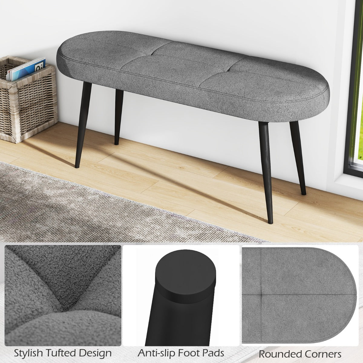 LIVSK Gevoerde Schoenenbank - 113 x 40 x 48 cm - Comfortabel voor 2 Personen - Sterk Metaal - Tot 300 kg - Grijs
