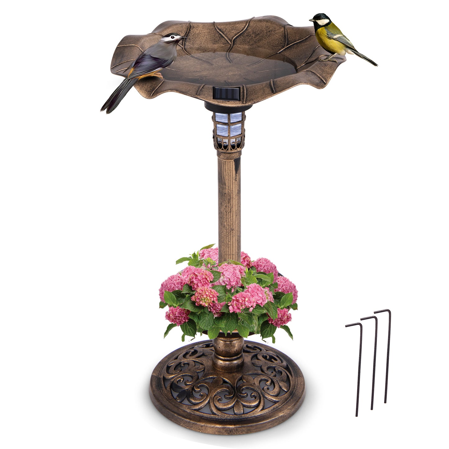 LIVSK Vogelbad met Solarverlichting - Multifunctioneel met Lotusbladvorm - Weerbestendig - Eenvoudige Montage - Ø43 x 76 cm -