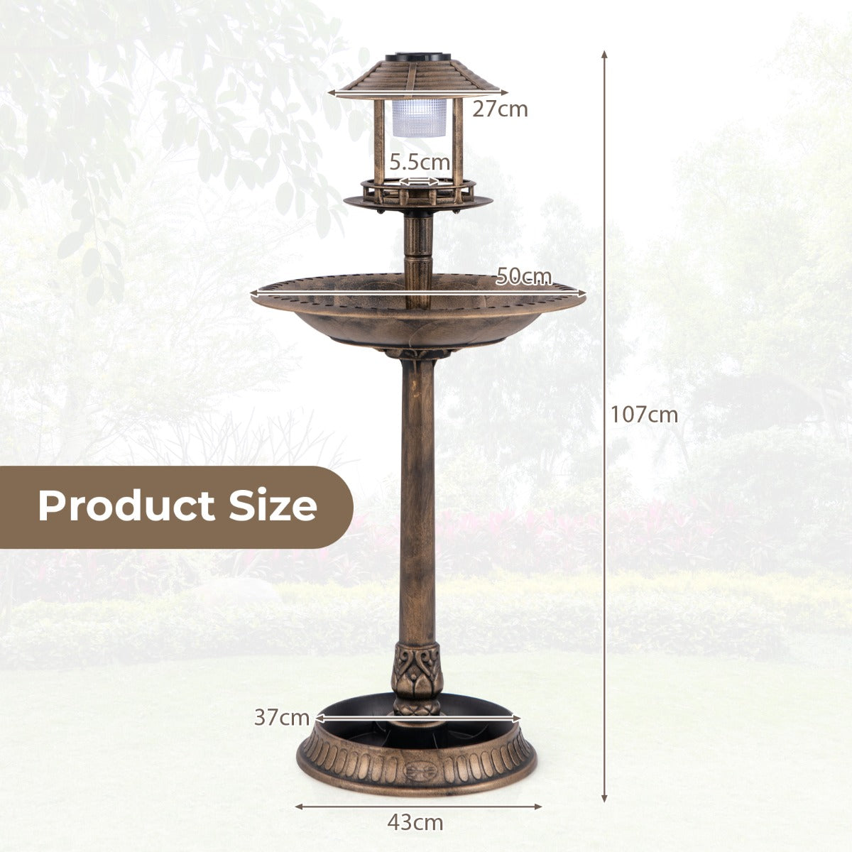 LIVSK Vogelbad op Zonne-energie - LED Verlichting - Duurzaam PP - Voederbak en Bad - 51 x 51 x 107 cm - Brons