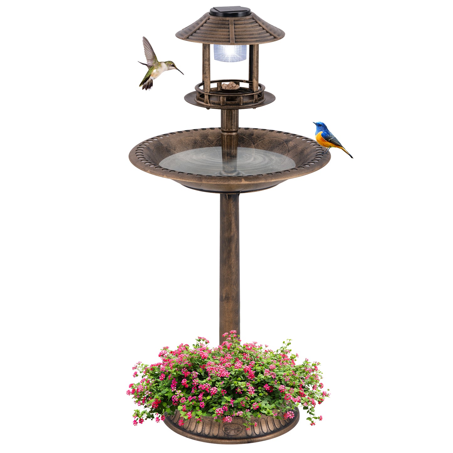LIVSK Vogelbad op Zonne-energie - LED Verlichting - Duurzaam PP - Voederbak en Bad - 51 x 51 x 107 cm - Brons
