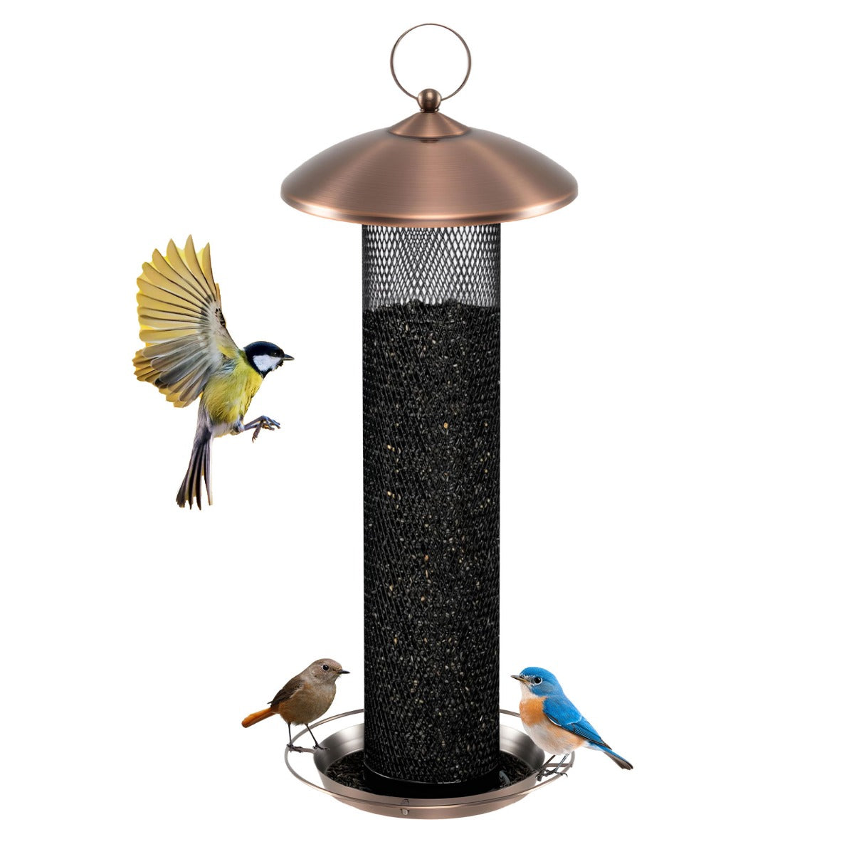 Livsk costway vogelvoederbak drielaagse vogelvoederbak met beschermkap en voederbakjes 37 cm metalen voederbak 1 1