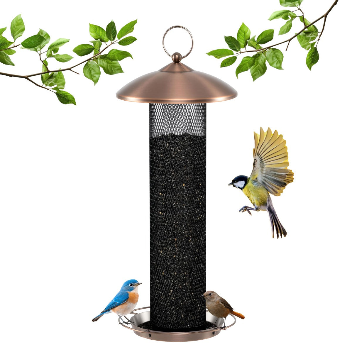 Livsk costway vogelvoederbak drielaagse vogelvoederbak met beschermkap en voederbakjes 37 cm metalen voederbak