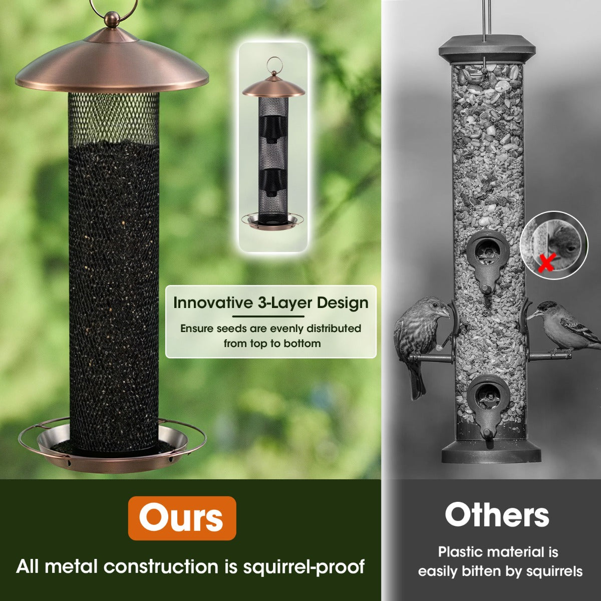 Livsk costway vogelvoederbak drielaagse vogelvoederbak met beschermkap en voederbakjes 37 cm metalen voederbak 5