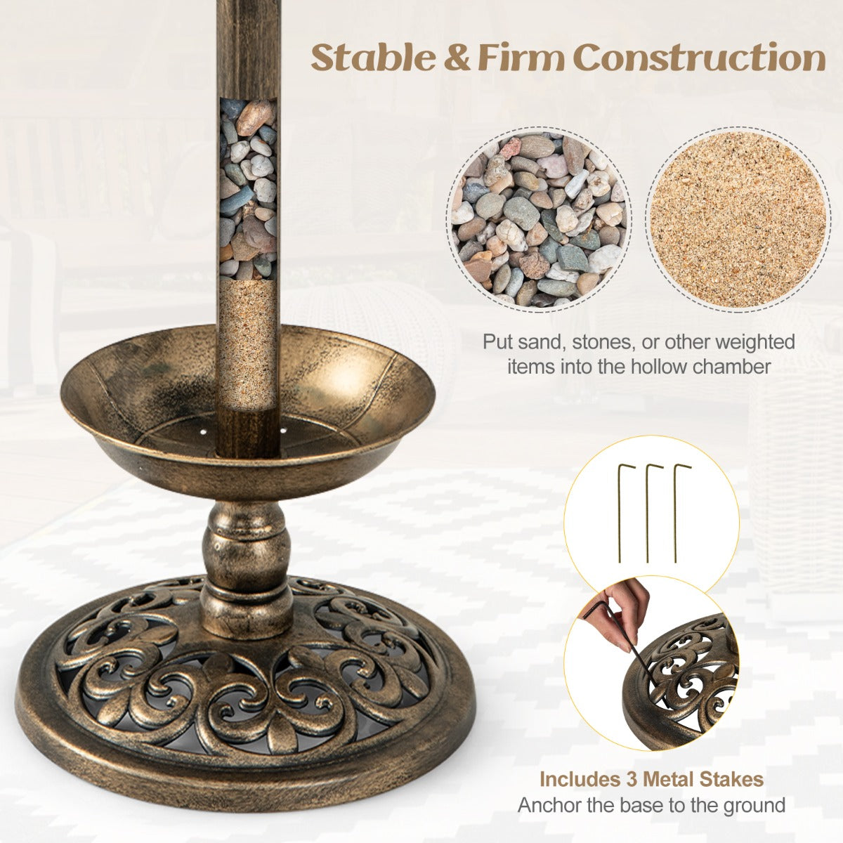 LIVSK Vogelvoederhuisje met Zonneverlichting - Multifunctioneel Ontwerp - Robuuste Constructie - 43 x 110 cm - Brons