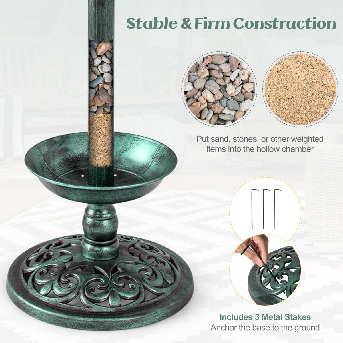 LIVSK Vogelvoederhuisje met Zonneverlichting - Multifunctioneel met Vogelbad en Plantenbak - Eenvoudige Montage - Groen