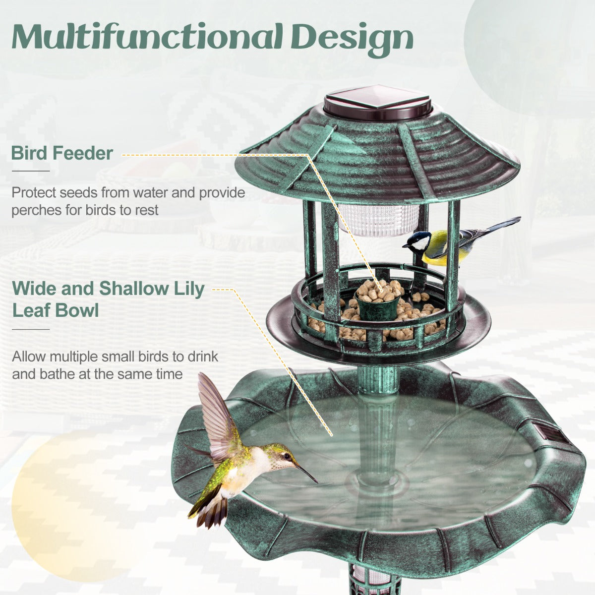 LIVSK Vogelvoederhuisje met Zonneverlichting - Multifunctioneel met Vogelbad en Plantenbak - Eenvoudige Montage - Groen