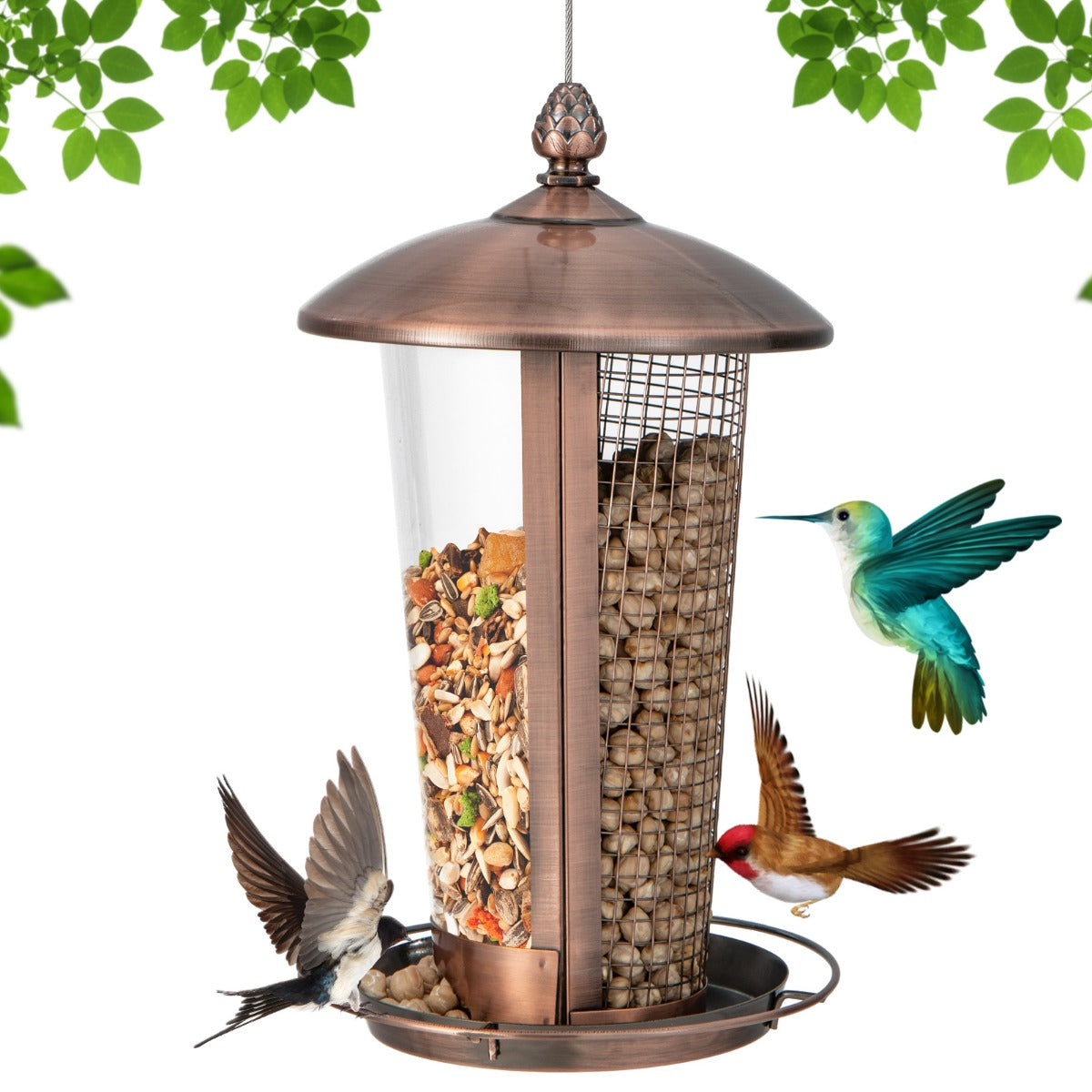LIVSK Hangende Vogelvoederdispenser - 2-in-1 met 2 Buizen voor Verschillende Zaden - Weerbestendig - Verhoogd Dienblad - Brons