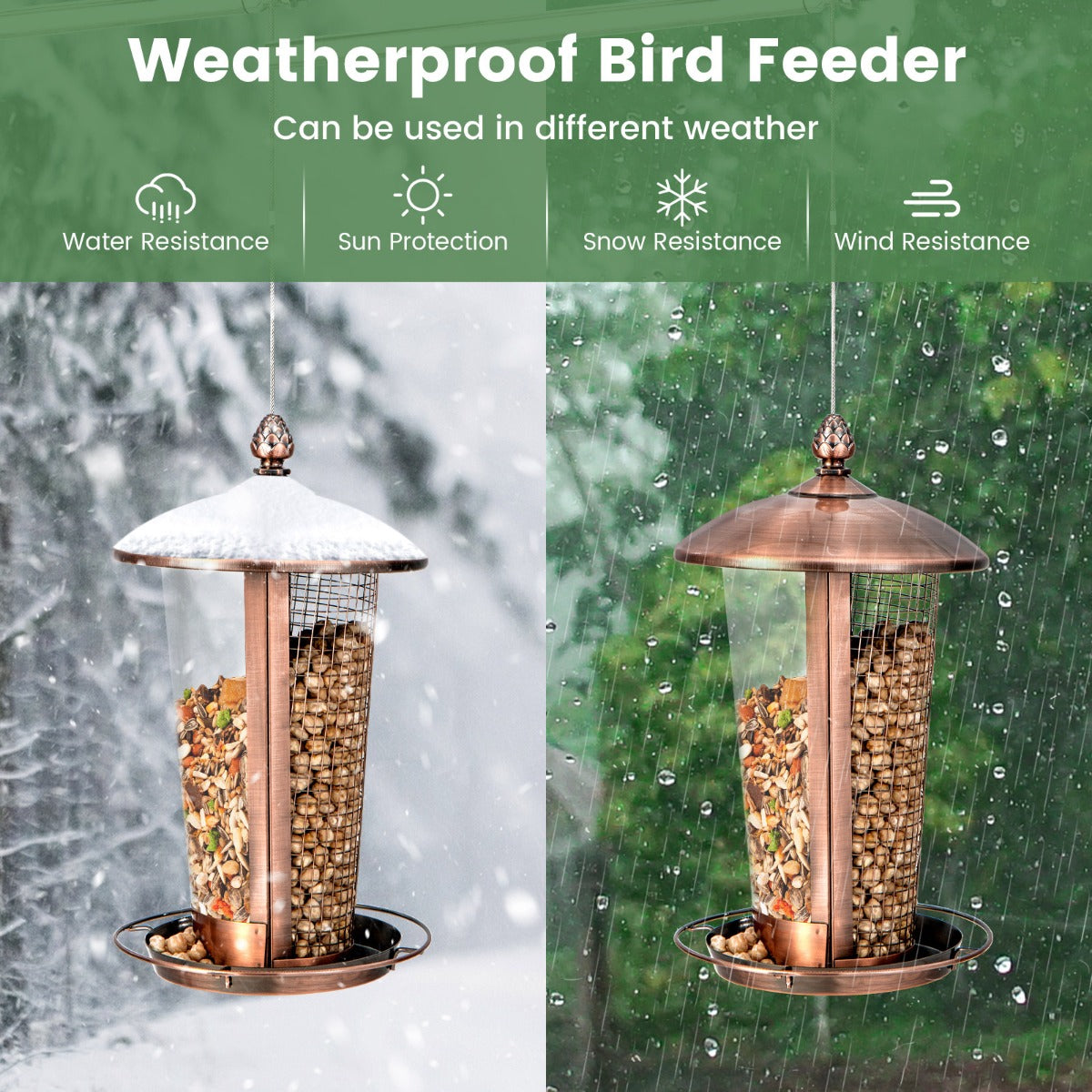 LIVSK Hangende Vogelvoederdispenser - 2-in-1 met 2 Buizen voor Verschillende Zaden - Weerbestendig - Verhoogd Dienblad - Brons