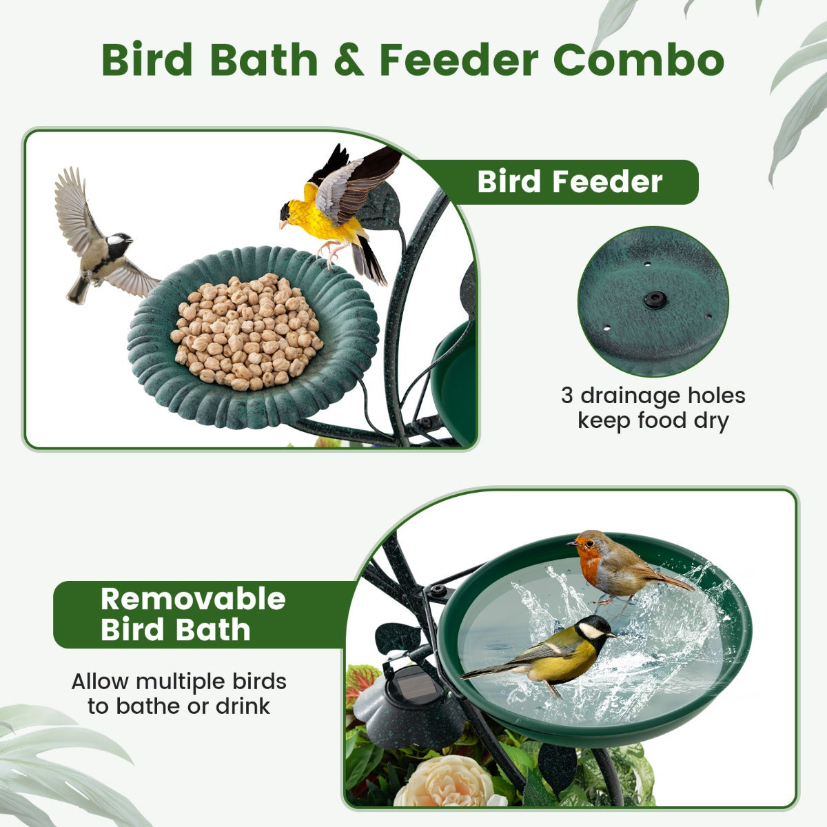 LIVSK Vogelvoederhuisje op Zonne-energie - Vogelbad en Voederhuisje met Solarverlichting - Duurzaam en Decoratief - Brons