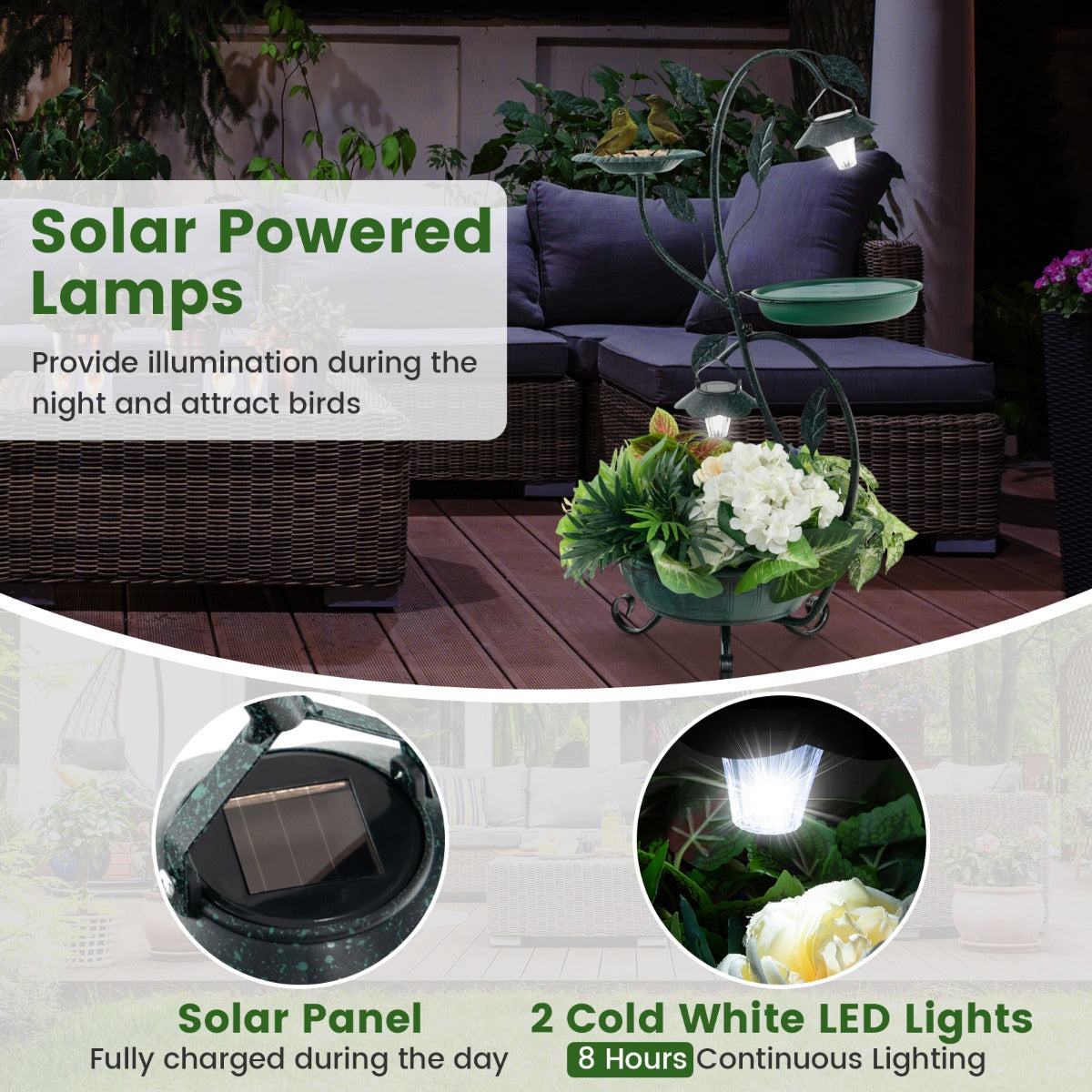 LIVSK Vogelvoederhuisje op Zonne-energie - Vogelbad en Voederhuisje met Solarverlichting - Duurzaam en Decoratief - Brons