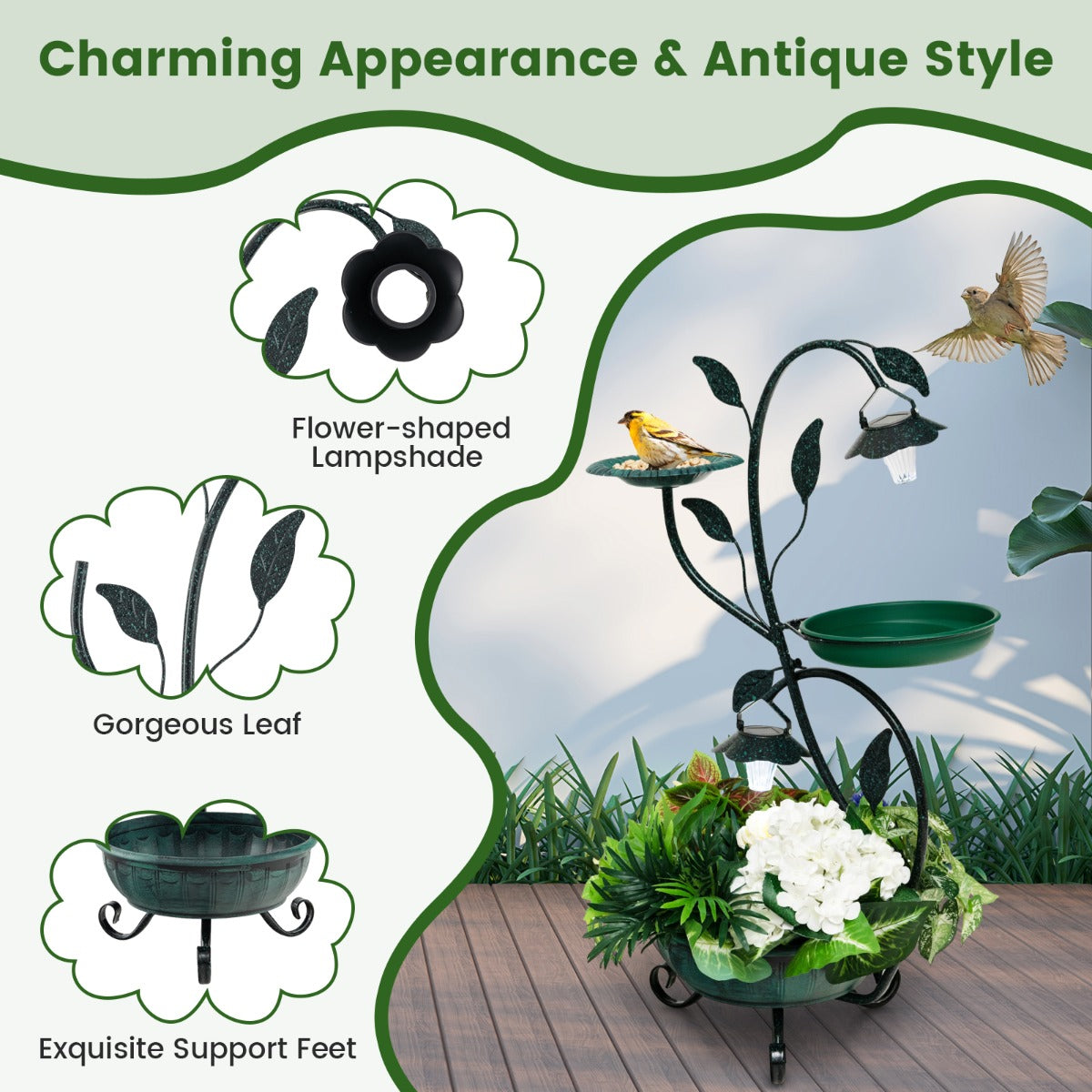 LIVSK Vogelvoederhuisje op Zonne-energie - Vogelbad en Voederhuisje met Solarverlichting - Duurzaam en Decoratief - Brons