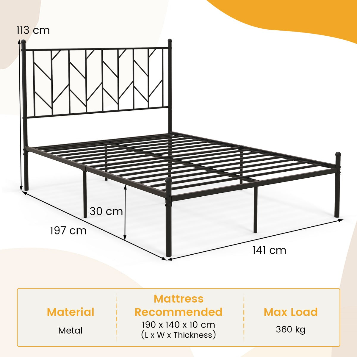 LIVSK Platformbedframe - Stevige Metalen Constructie - Geluidsarm - Hoofdbord met Finial - Draagvermogen 360 kg - Zwart