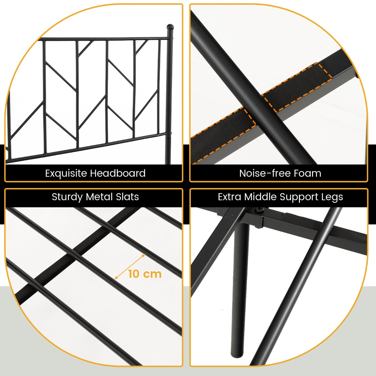 LIVSK Platformbedframe - Stevige Metalen Constructie - Geluidsarm - Hoofdbord met Finial - Draagvermogen 360 kg - Zwart