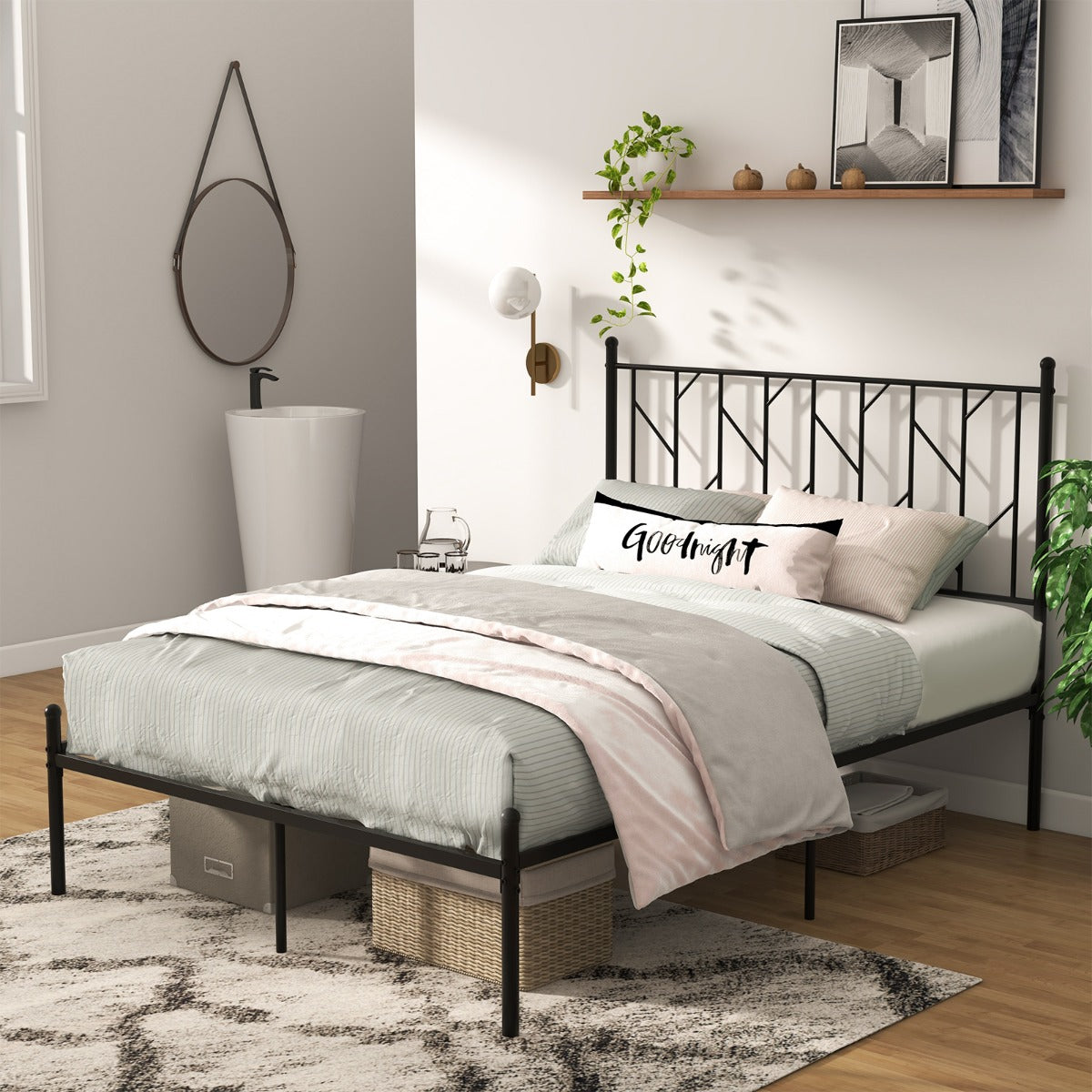 LIVSK Platformbedframe - Stevige Metalen Constructie - Geluidsarm - Hoofdbord met Finial - Draagvermogen 360 kg - Zwart